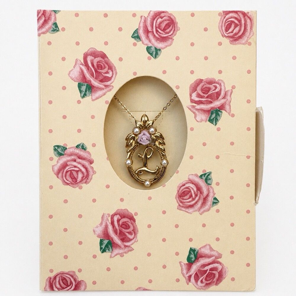 Avon Victorian Porcelain Rose Initial L Necklace Faux Pearl Monogram VINTAGE NOS